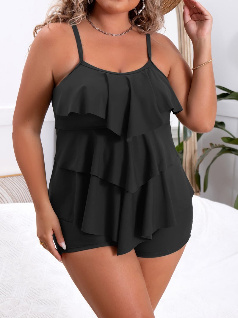 B2prity Women Plus Size Tankini Swimsuits Tummy Control Two Piece Bathing Suit Ruffled Flounce Swimwear with Shorts Black - Image 5